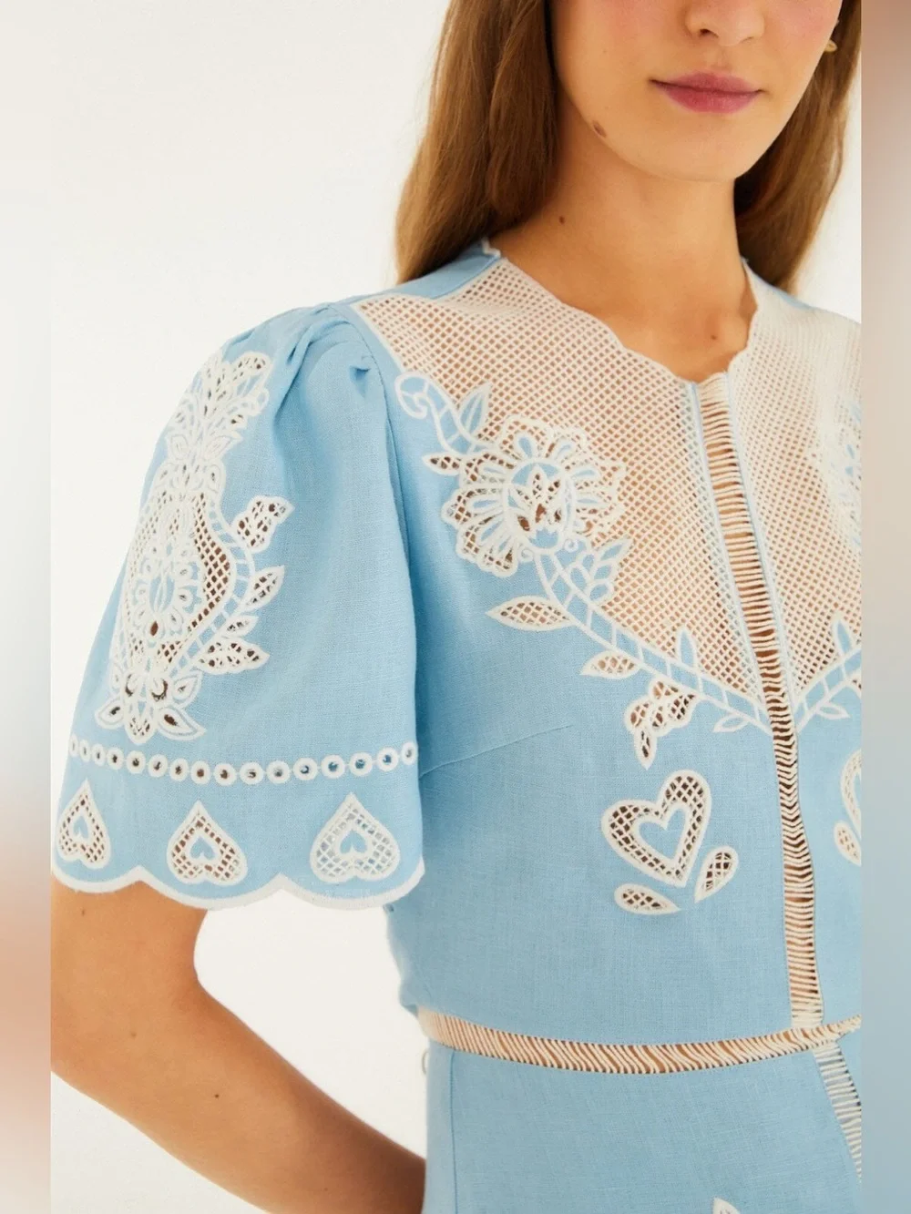 Farm Rio Light Blue Embroiderede Midi Dress - Picture 3 of 11